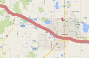 The path of the St Vrain Creek through Longmont compared to Tim and Imelda's location.